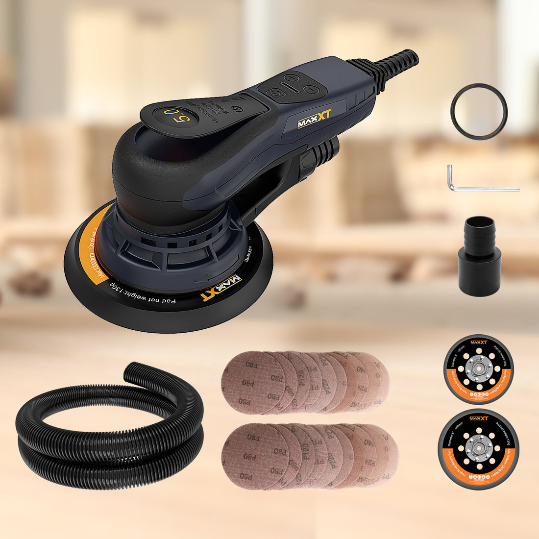 MAXXT Electric 5mm Random Orbital Sander, Palm Sander with Brushless Motor, 5&6Inch Sanding Pads, Central Vacuum, Sanders for Woodworking, Primary Wood and Panel Processing