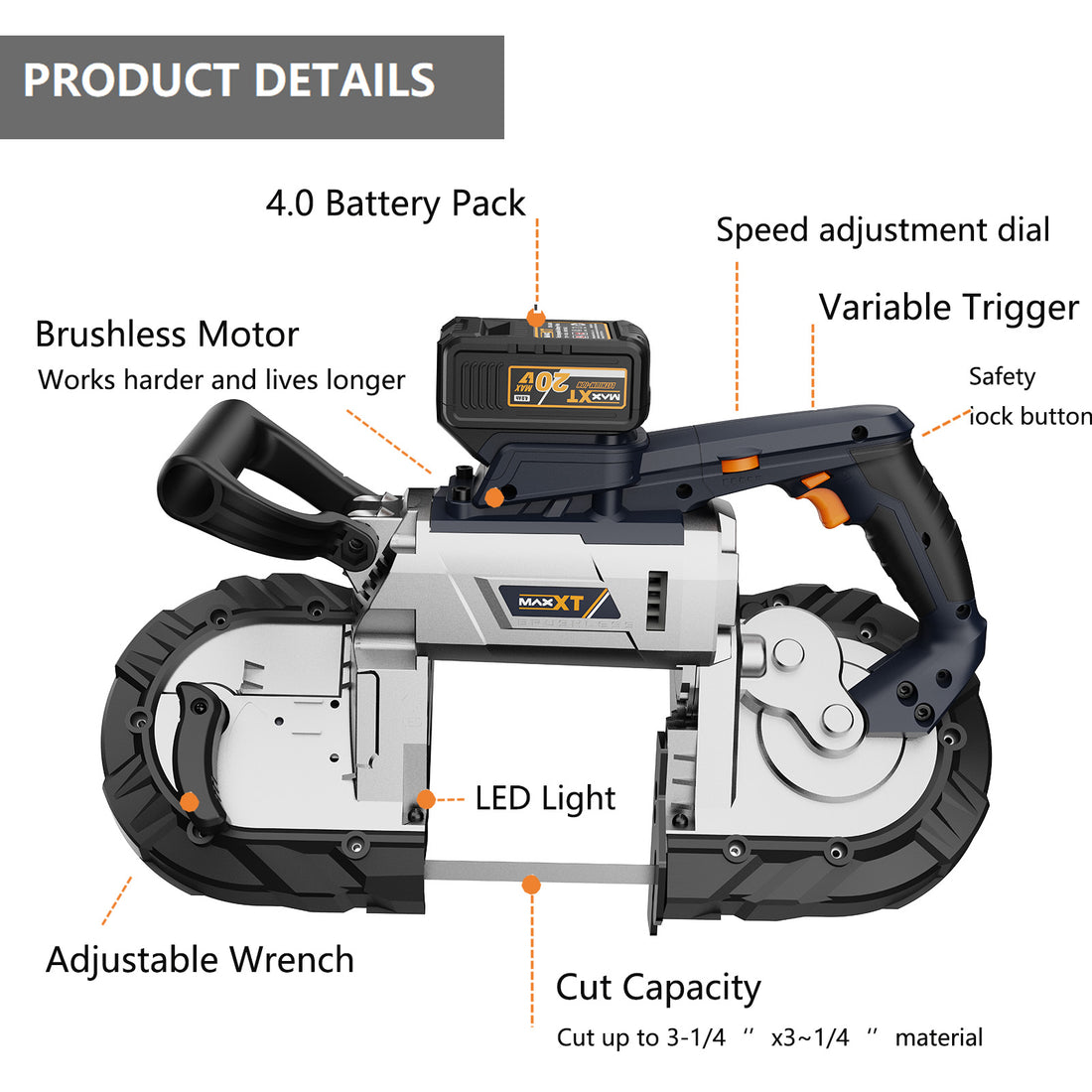 MAXXT 5 inch Cordless Band Saw，Brushless Power Band Saw 20V MAX Cutting Capacity 6 Speeds Adjustable, Not Hot Sparks When Cutting Metal, Portable Band Saw for Deep Cut（4.0AH Battery Included）