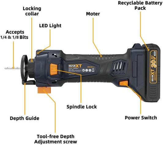 Cordless Drywall Cut Out Tool, MAXXT 20V Drywall Rotary Saw 28000 RPM with 2.0Ah Battery and Quick Charger, Tool Free Depth Adjustment, Drywall Cutting Tool for Plywood/Wood/Drywall(Included 2 Bits)