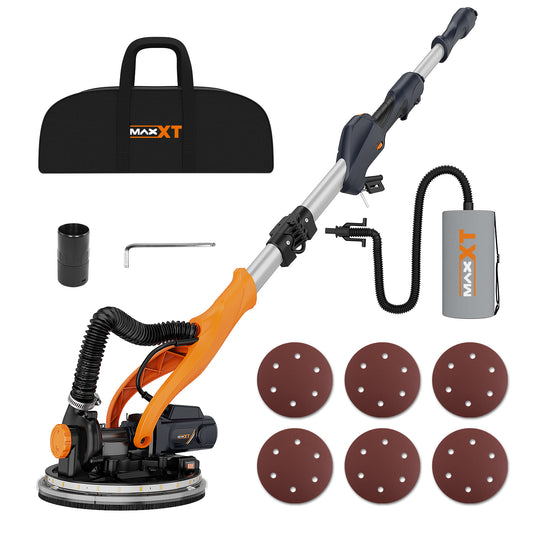 MAXXT Drywall Sander Electric Foldable Wall Sander With Vacuum Dust REAL self-priming system LED light telescopic handle variable speed 6.5A motor six 9-inch sanding discs dust bag