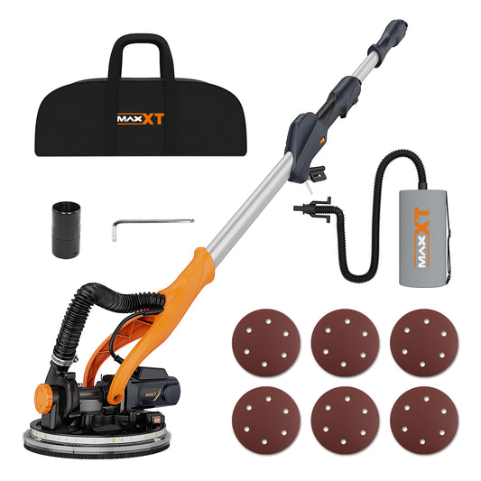 Maxxt Drywall Sander, REAL Self-Vacuum System, LED Light, Telescopic handle, Variable Speed, 6.5A Motor, 6pcs 9” Sanding Discs, Dust bag.