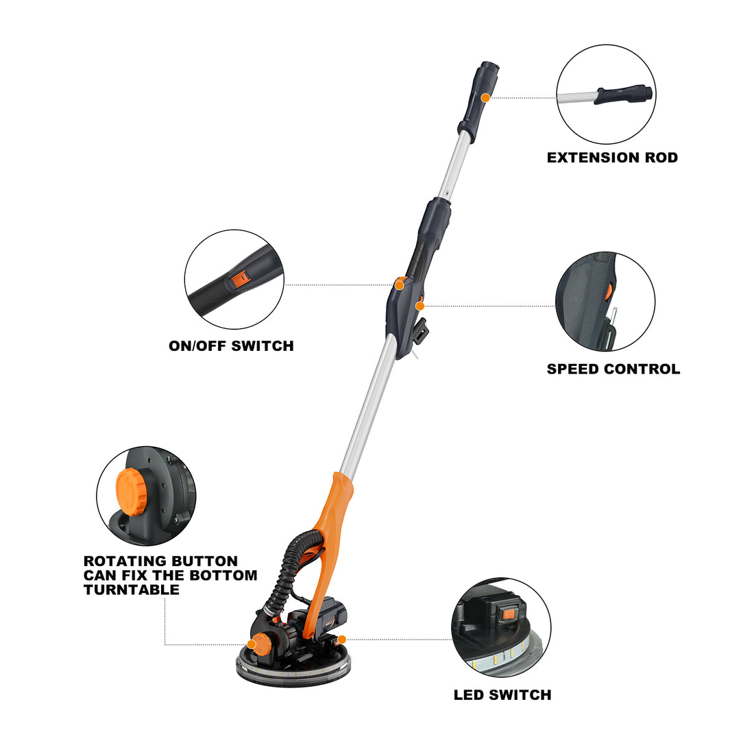 Maxxt Drywall Sander, REAL Self-Vacuum System, LED Light, Telescopic handle, Variable Speed, 6.5A Motor, 6pcs 9” Sanding Discs, Dust bag.