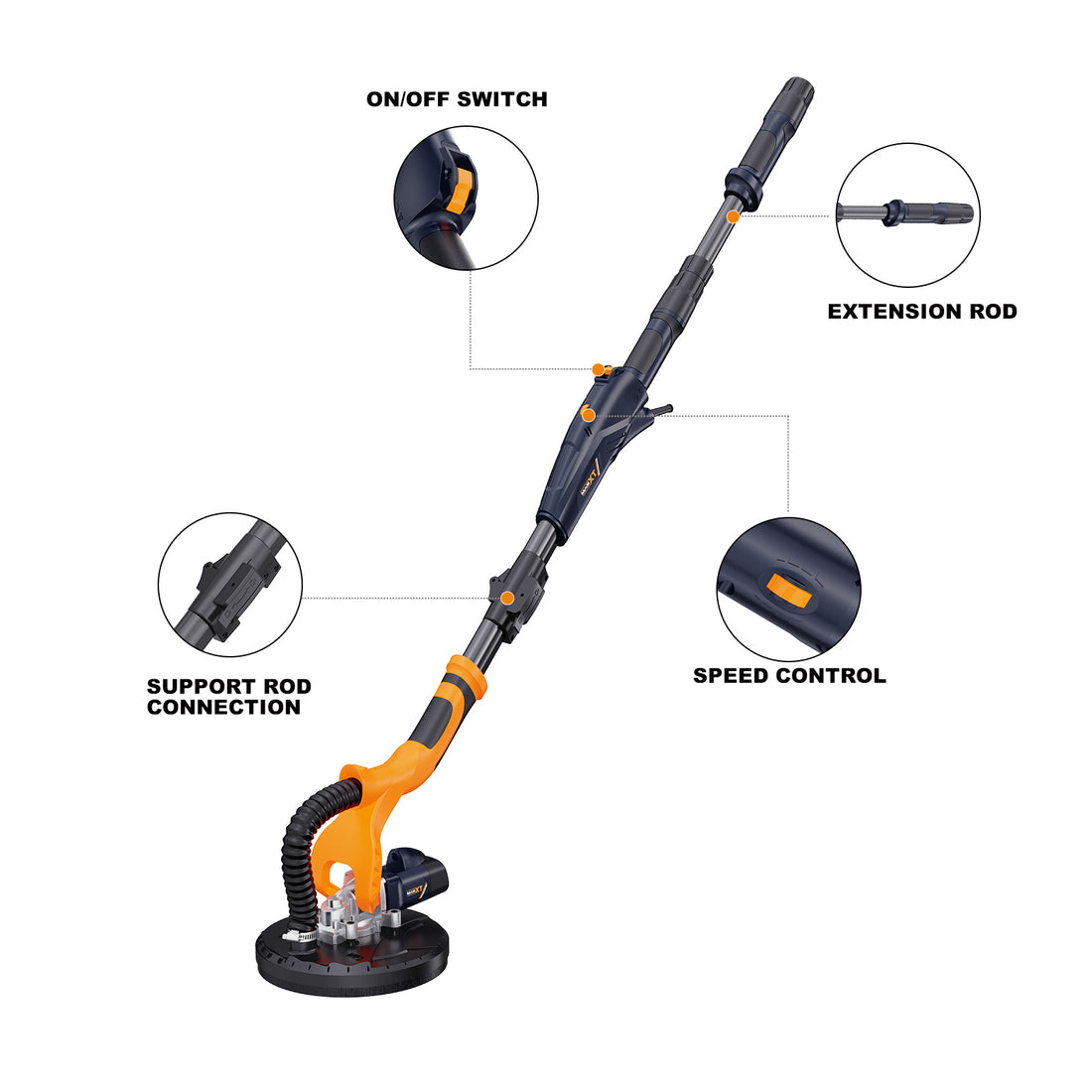 MAXXT Drywall Sander with Carrying Bag by Maxxt-tech Canada; 6pcs 9" Sanding Disc; Telescopic; Infinitely Variable Speed; 13FT Dust Hose