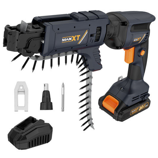 20V Drywall Screw Gun Brushless, MAXXT Cordless Lithium-Ion Brushless Self Feeding Drywall Screwdriver Autofeed 5000RPM with Collated Drywall Attachment（Included 2.0Ah Battery and Charger）