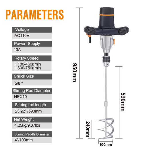 MAXXT 13A Single Paddle Mixer Concrete Mortar Mixer, 5/8" Keyed Chuck, Soft Start, Come w/100mm Large Spiral Mixing Paddle