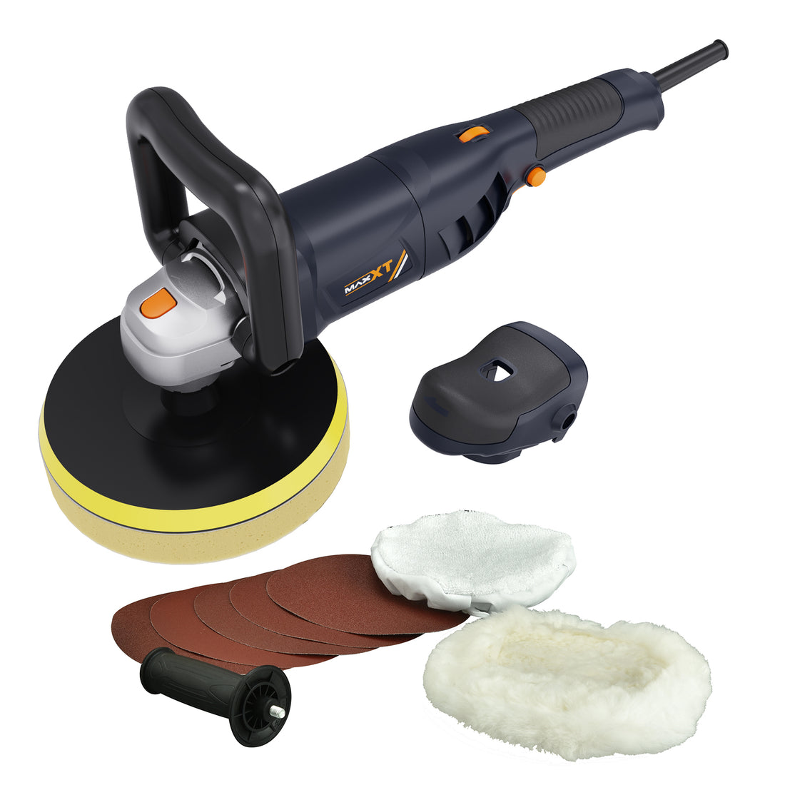 MAXXT Buffer Polisher/ car polisher/ Sander polisher/ Sanding Polisher, Soft start and Constant speed; 10A Motor, Variable speed 600-3000 RPM; 7” backing plate; Comes with 7" Foam pad, Woolen fleece hood, “G” handle, Terry polishing bonnet, Sanding discs