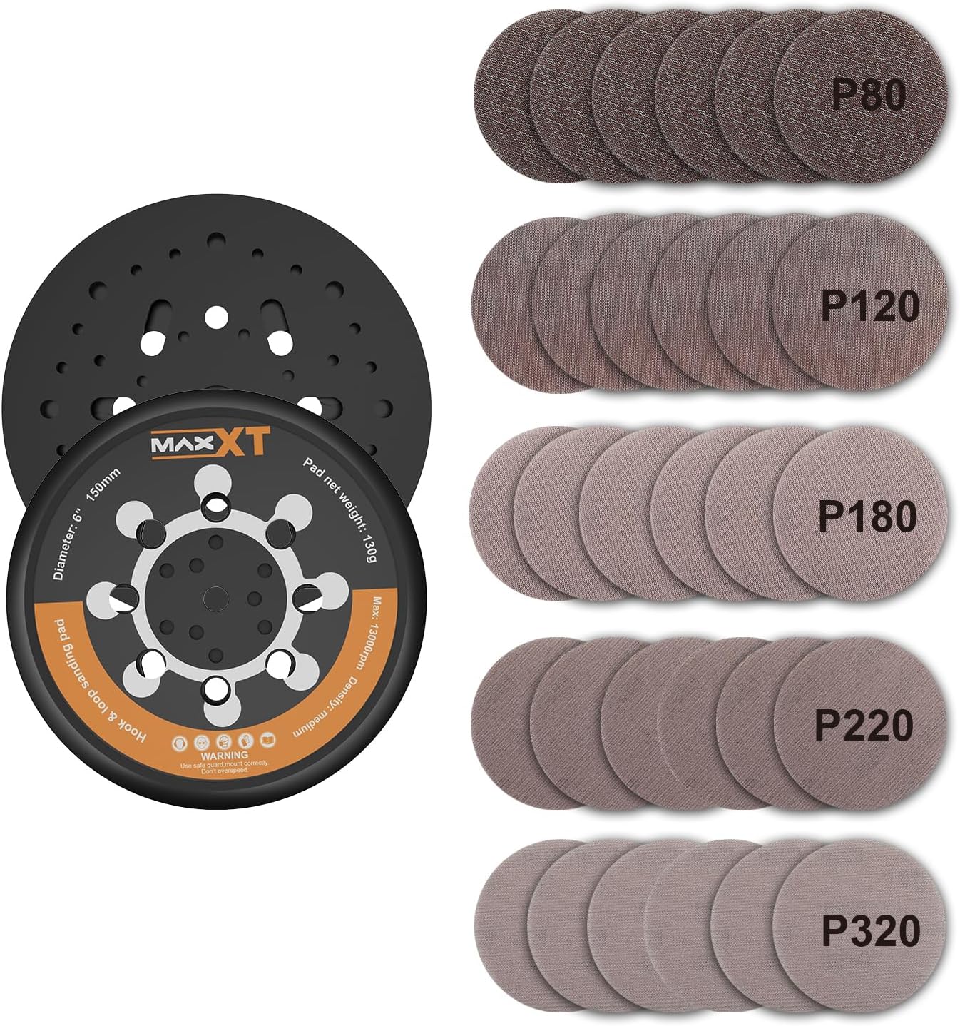 MAXXT 6" Hook & Loop DA Sander Backing Plate Pad 30 Sandpaper, Dual-Action Random Orbital Sanding Pad - Low Profile Edge, Medium Density - for MAXXT Brushless Orbit Sander R7303&R7304